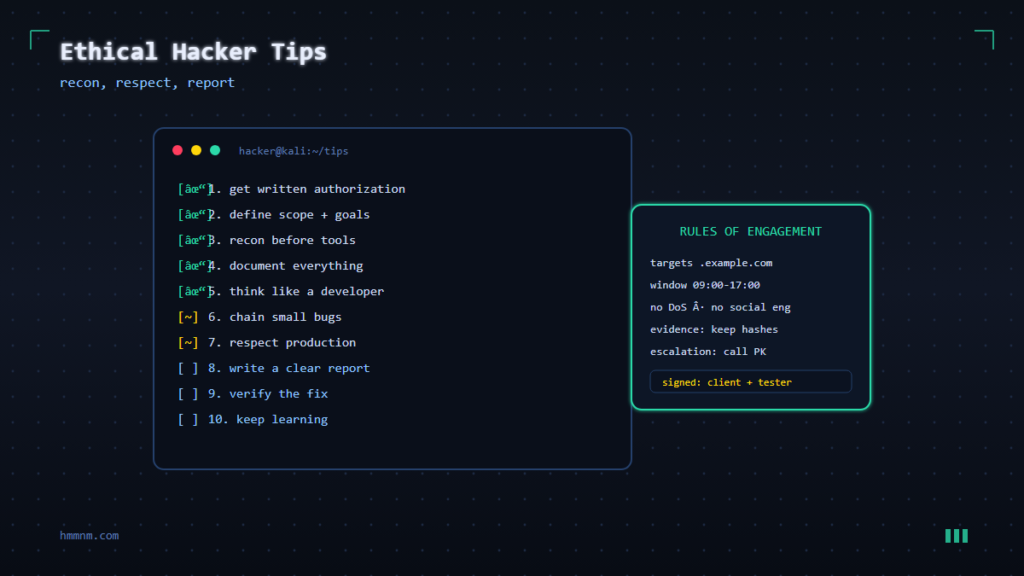 Ten essential tips for ethical hackers shown as a terminal checklist with ticked todo items and a rules-of-engagement scope card