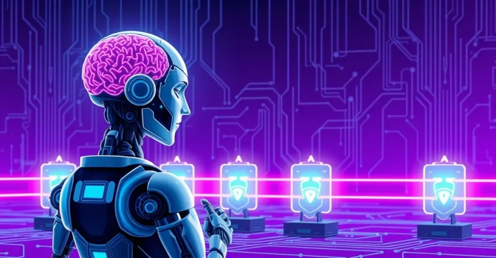 Agentic AI security autonomous systems concept with robot brain controlling multiple systems and neural network with shield protection