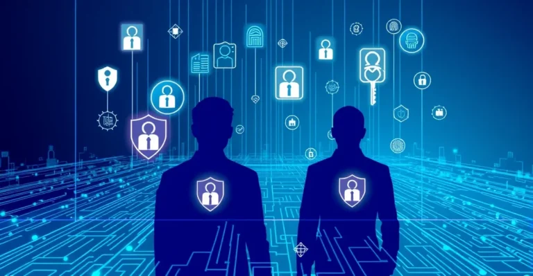 Identity security as the new perimeter concept showing user silhouettes with digital identity shields and authentication tokens in blue gradient