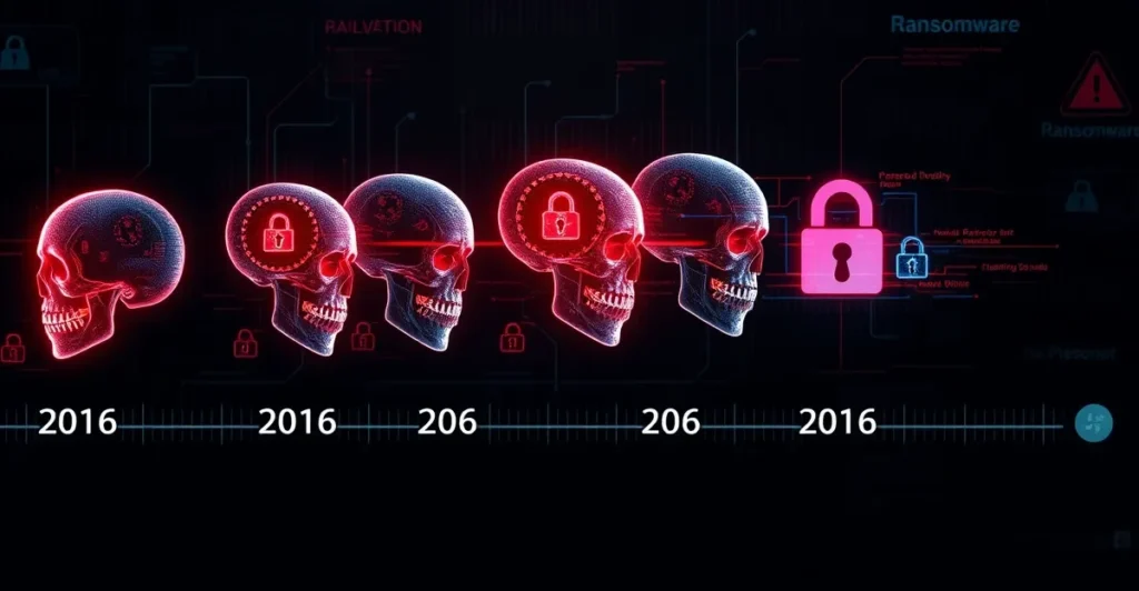 Ransomware evolution timeline from 2016 to 2026 showing skull morphing through digital forms with encrypted files and red warning colors