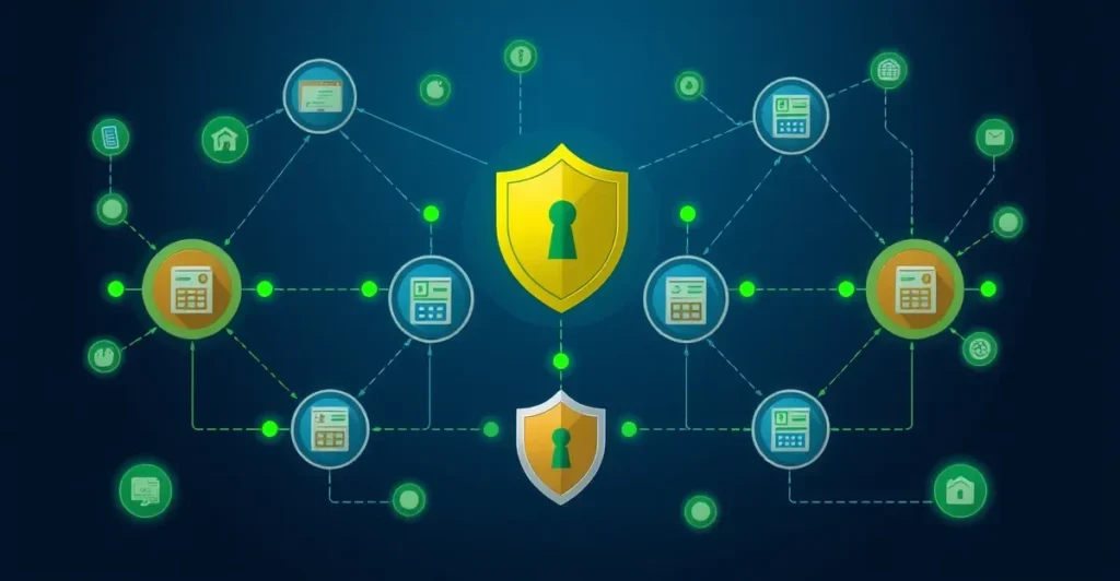 Software supply chain security showing interconnected dependency nodes in secure pipeline with shield protecting code repository