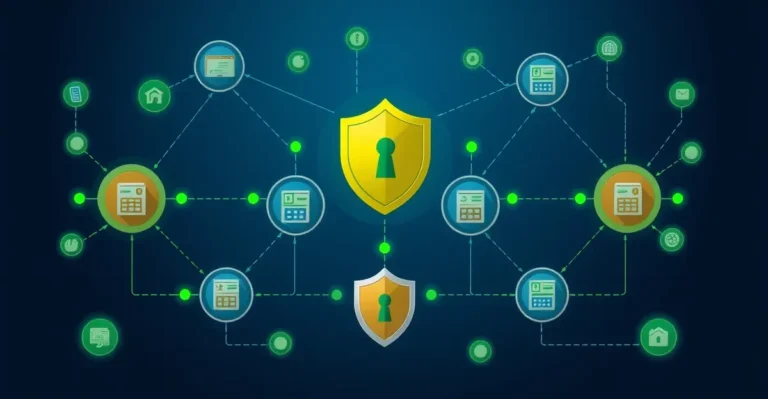 Software supply chain security showing interconnected dependency nodes in secure pipeline with shield protecting code repository
