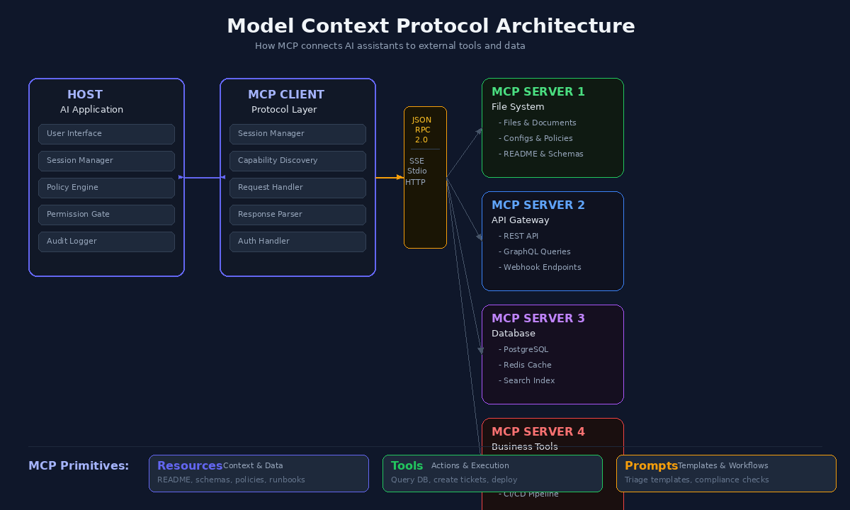 Model Context Protocol architecture diagram showing how MCP connects AI assistants to external tools