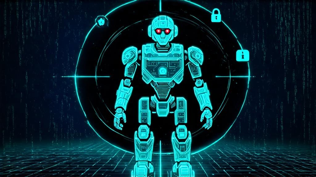 Autonomous AI agent robot silhouette targeted by crosshair rings and data cables on a dark digital attack surface grid