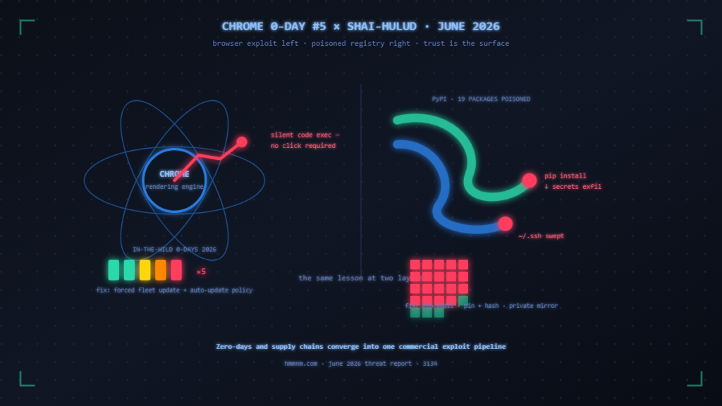 Split graphic: Chrome browser orb breached by fifth zero-day on the left, Shai-Hulud worm poisoning 19 PyPI packages on the right