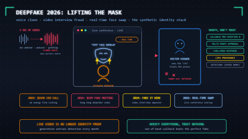 CFO face overlay mask lifting off an attacker operator inside a live conference window streamed to a victim viewer, with cloned voice waveform, verification ladder, and landmark deepfake fraud case cards from 2019 to 2026