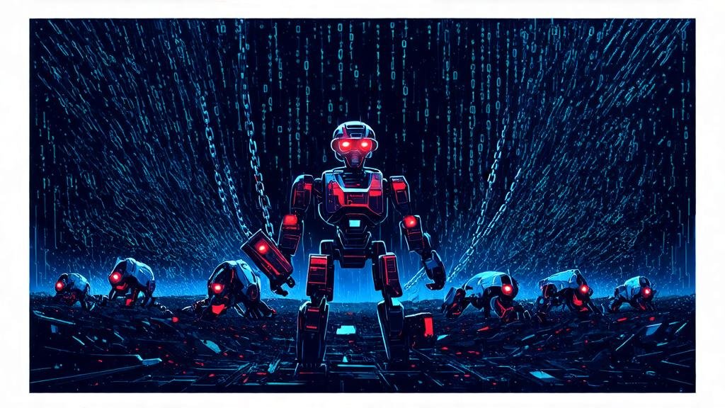 Rogue AI agents with glowing red eyes breaking free from shattered digital chains over a dark circuit board landscape