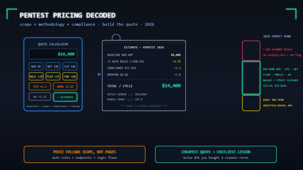 Pentest quote calculator printing a receipt tape against the 2026 market band from scanner resale to red team