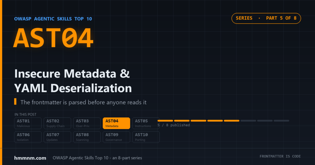 AST04 insecure metadata cover - YAML deserialization in skill frontmatter, part 5 of 8 in the OWASP Agentic Skills Top 10 series