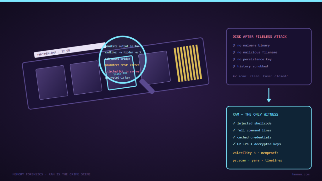 A purple RAM stick with one chip highlighted under a forensic magnifier revealing live process strings and cached credentials, beside a disk versus RAM evidence comparison, on a violet purple theme