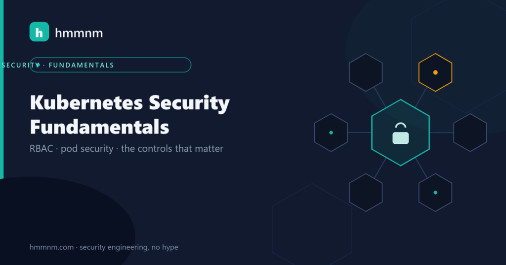 hmmnm.com — Kubernetes security: illustrated hexagonal cluster with a control-plane padlock and one flagged node