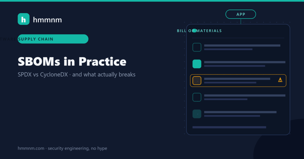 hmmnm.com — SBOMs in practice: illustrated bill-of-materials panel with a flagged vulnerable component