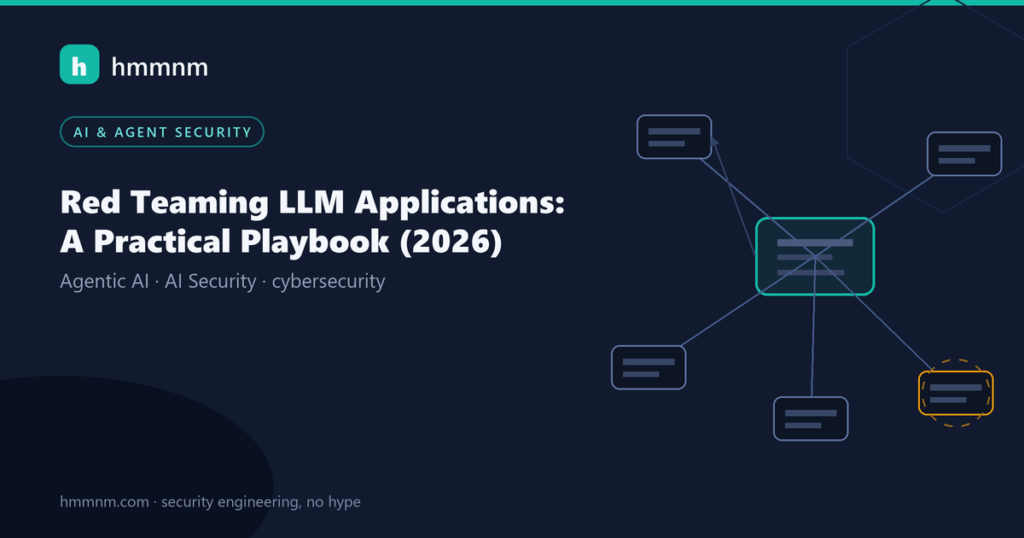 hmmnm.com — agent card: an AI agent node orchestrating tool calls, one poisoned call ringed in amber (post: "Red Teaming LLM Applications: A Practical Playbook (2026)")