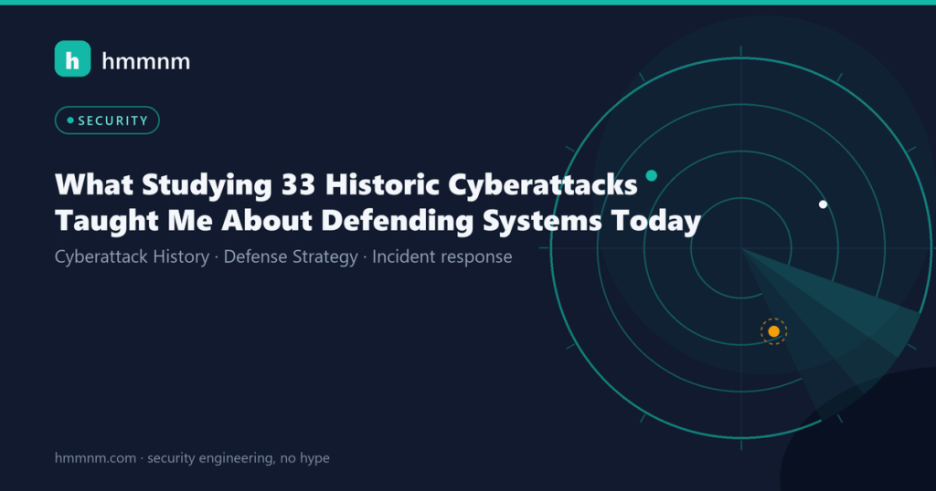 hmmnm.com — radar card: a radar scope with live blips and one spoofed amber track (post: "What Studying 33 Historic Cyberattacks Taught Me About Defending Systems Today")