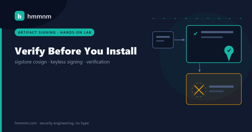 hmmnm.com — artifacts at a signature gate: verified certificate sealed teal, forged card rejected amber